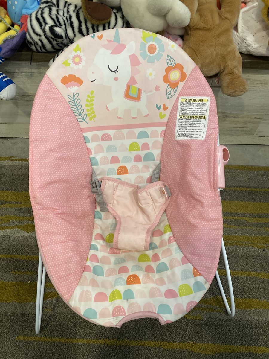 Pink Unicorn Baby Bouncer Seat - Gentle Vibrations & Secure Harness