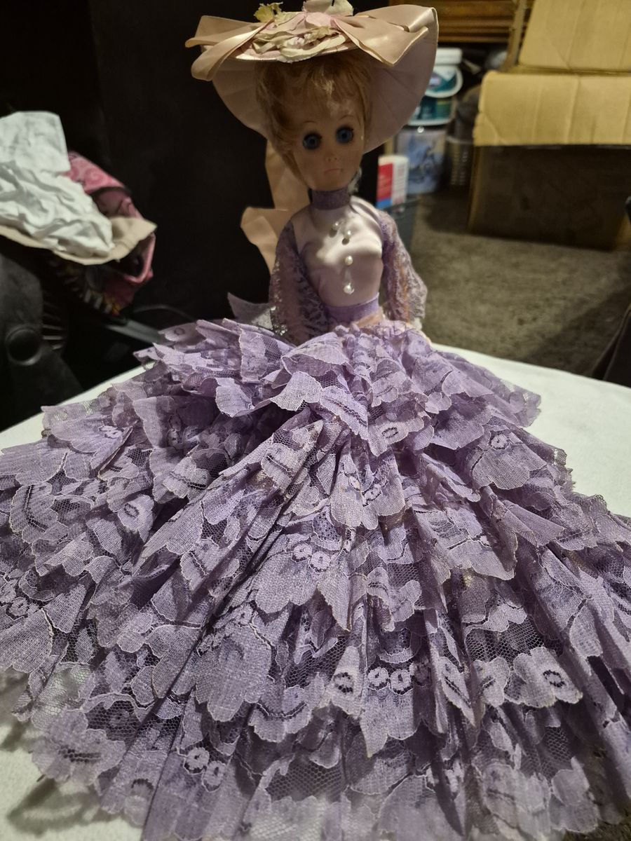 Vintage Porcelain Doll in Lavender Lace Gown & Pink Bonnet