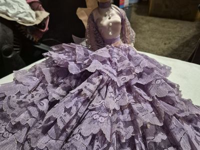 Vintage Porcelain Doll in Lavender Lace Gown & Pink Bonnet