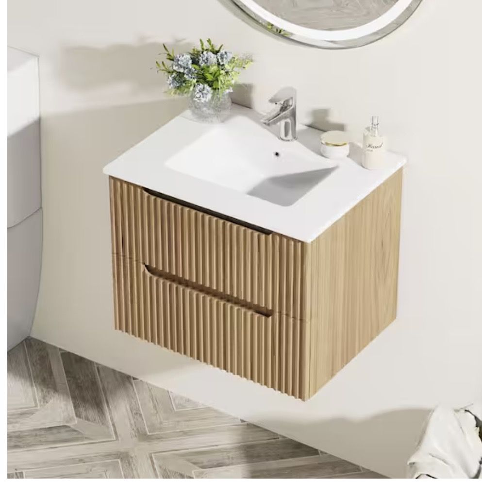 Shop FORCLOVER 24 in. W Floating Wall Mounted Bath Vanity in Walnut with White Ceramic Top and U-shaped Drawers