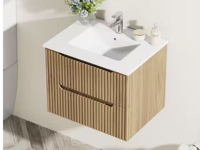 Shop FORCLOVER 24 in. W Floating Wall Mounted Bath Vanity in Walnut with White Ceramic Top and U-shaped Drawers