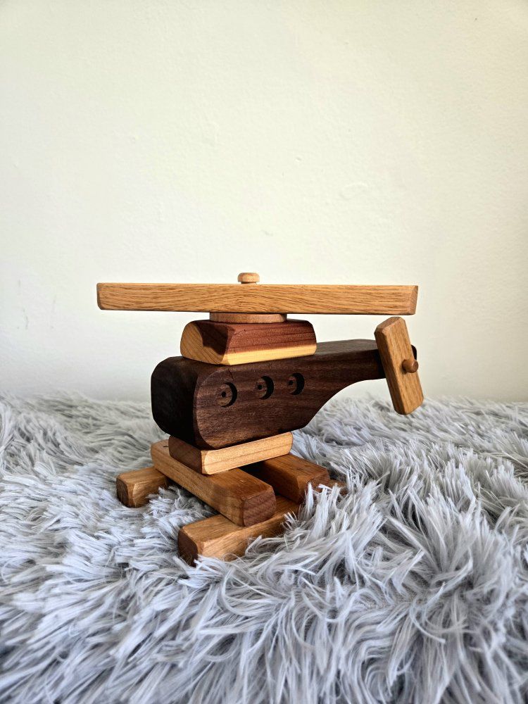 Vintage Handcrafted Multi-Tone Artisan Wood Helicopter Toy – Nursery Decor / Moving Rotors