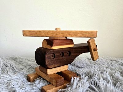 Vintage Handcrafted Multi-Tone Artisan Wood Helicopter Toy – Nursery Decor / Moving Rotors