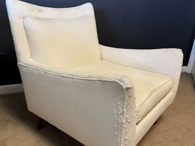 Mid Century Modern Accent Chair - Cream Upholstery, Needs Reupholstering, Cat Scratches