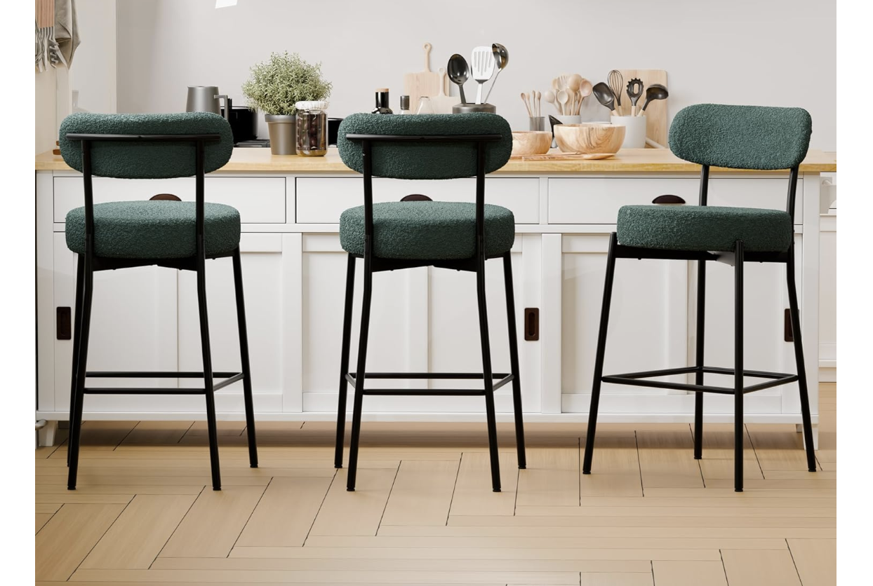 New in Box,Bar Stools Set of 3, Green 28 Inches Counter Height Stools,Modern Boucle Barstools with Back,Upholstered