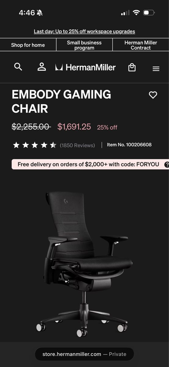 Logitech G x Herman Miller Embody Gaming Chair - Black, Ergonomic