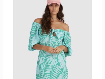 Women’s Size Medium Billabong Mystic Beach Puff Sleeve Aqua Blue Green Mini Dress