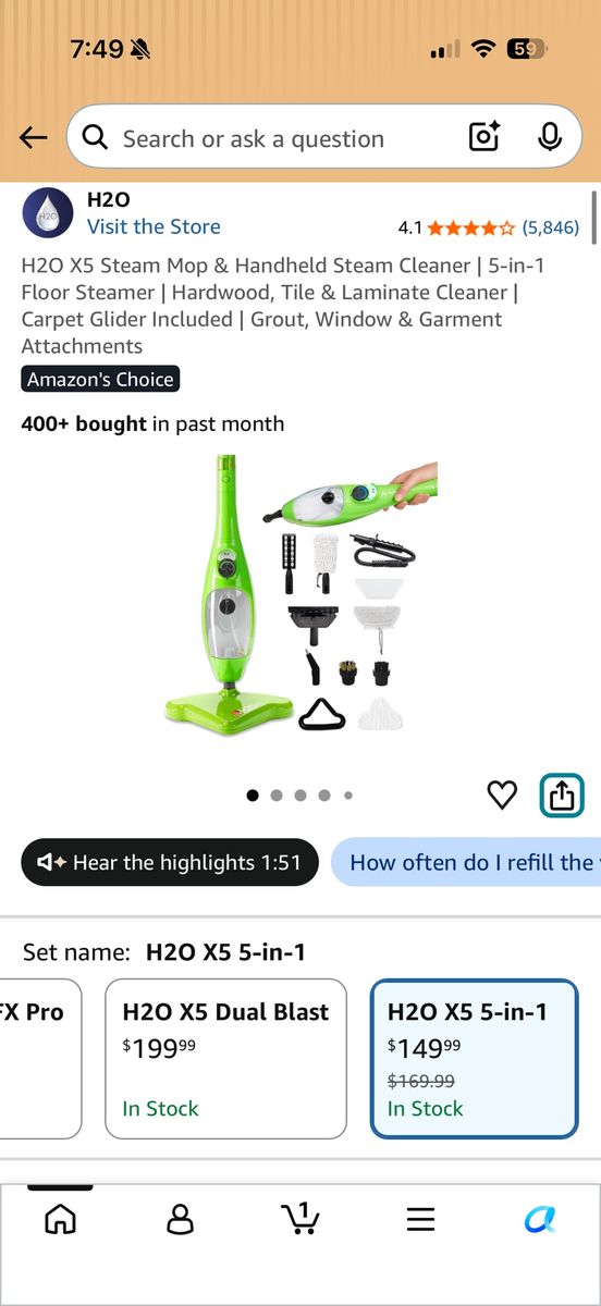 New! H2O X5 Steam Mop Handheld Steam Cleaner 5-in-1 Floor Steamer