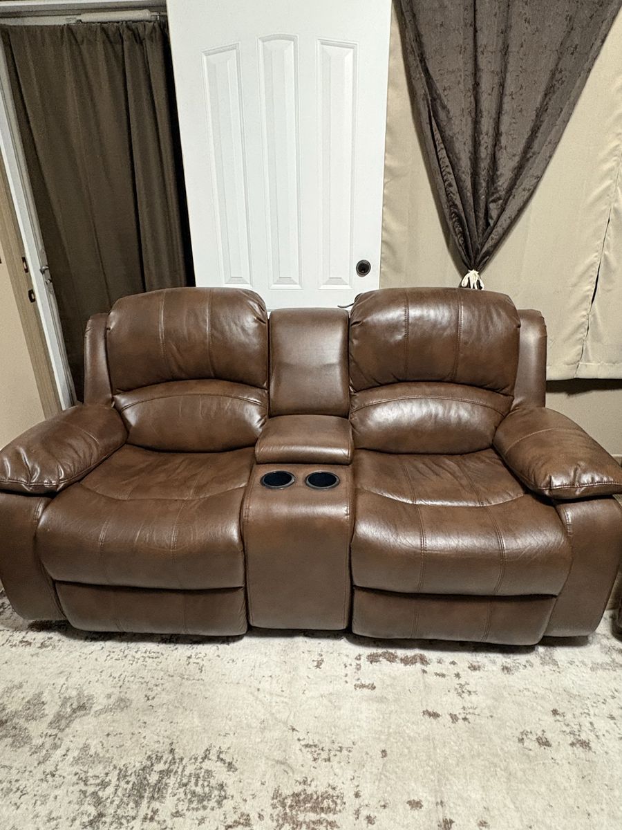 Brown Leather Reclining Loveseat with Center Console and Recliner Chair