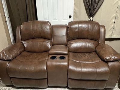 Brown Leather Reclining Loveseat with Center Console and Recliner Chair
