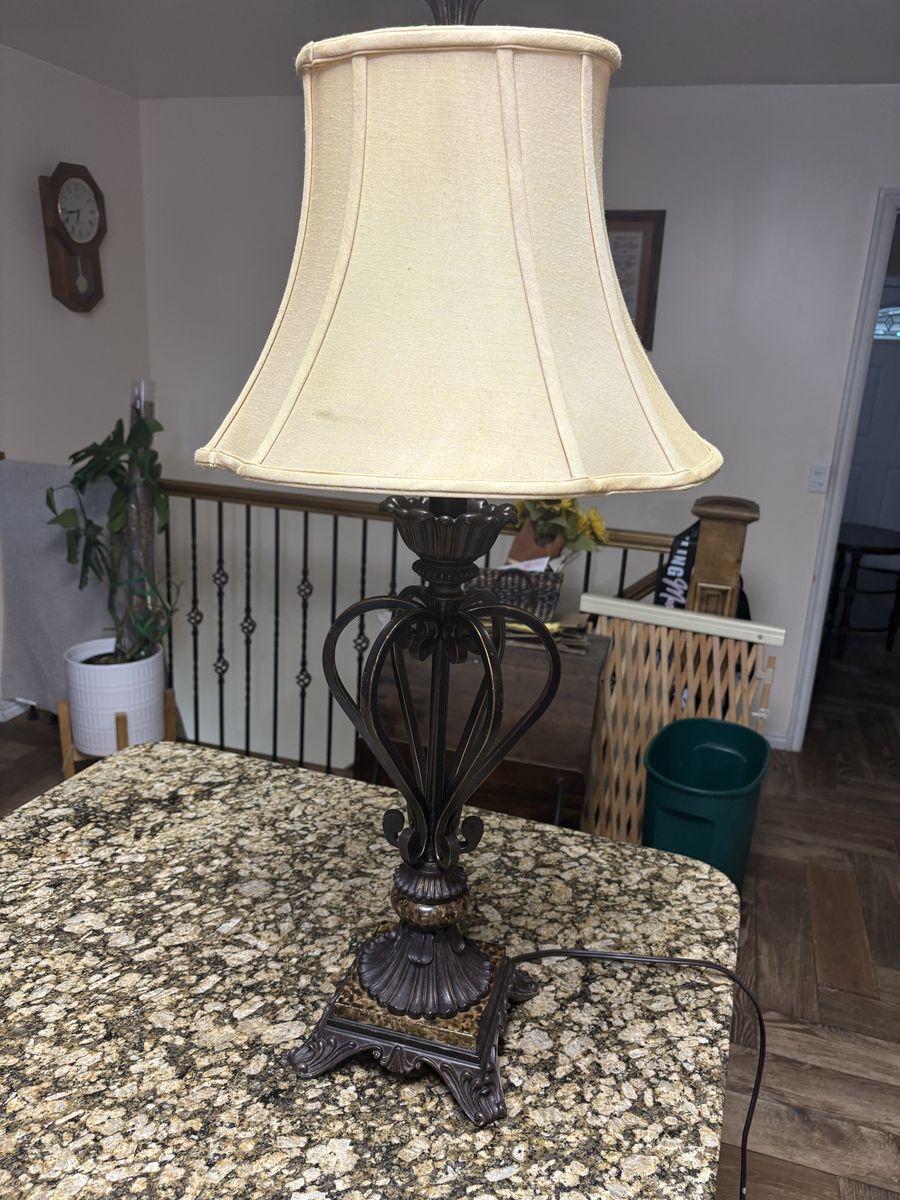 3 Traditional Dark Metal Table Lamp with Faux Marble Base & Fabric Shade