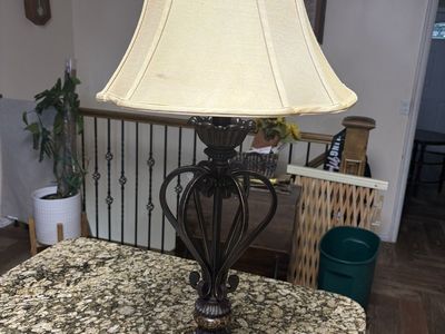3 Traditional Dark Metal Table Lamp with Faux Marble Base & Fabric Shade