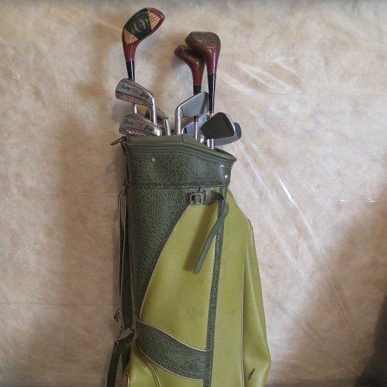 Vintage golf bag and clubs