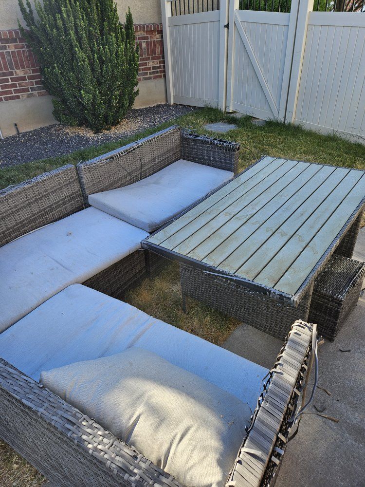 Outdoor Wicker Patio Dining Set with Sectional Sofa & Table - Gray/Beige Cushions
