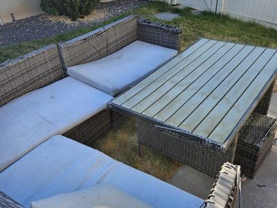 Outdoor Wicker Patio Dining Set with Sectional Sofa & Table - Gray/Beige Cushions