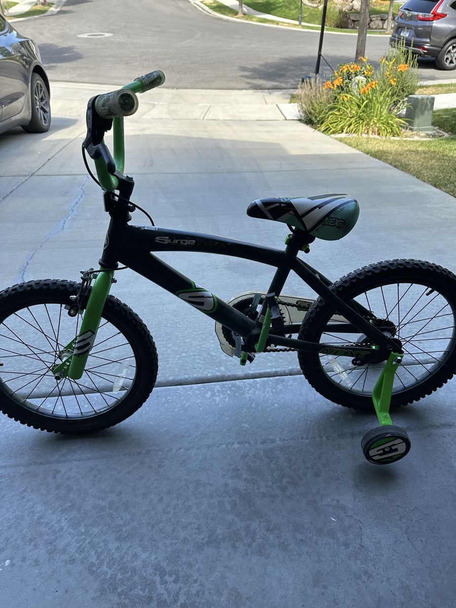 NEXT Surge BMX Kids Bike with Training Wheels, Black/Green