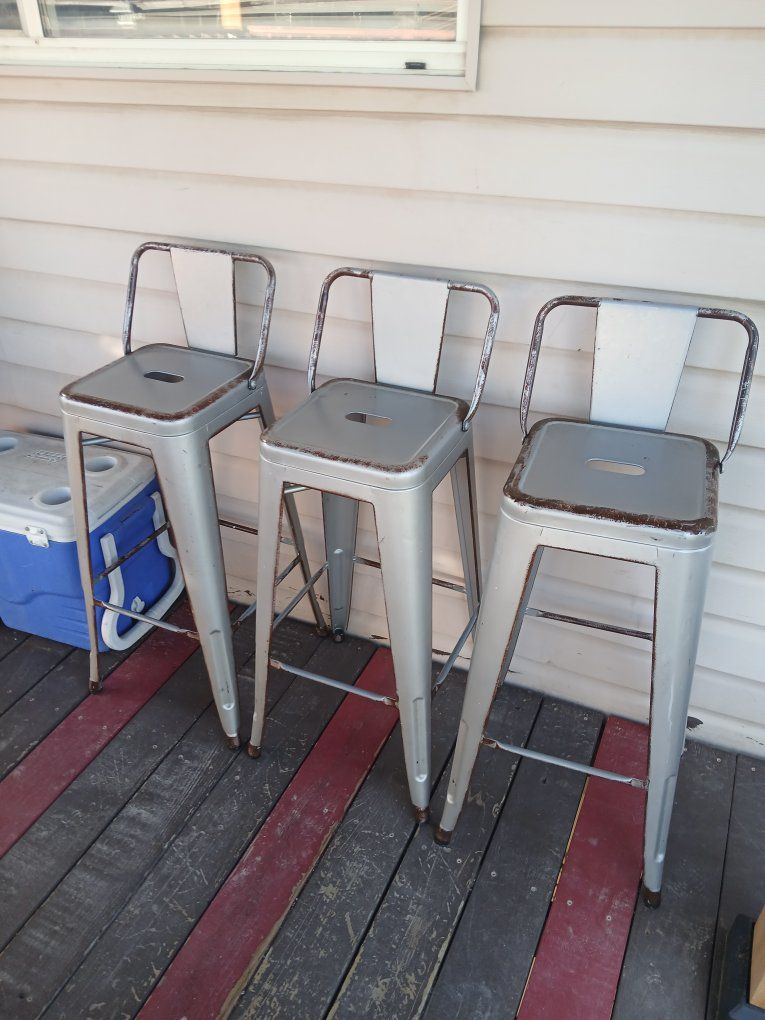 Set of 3 Silver Metal Bar Stools with Backs - Industrial Style Seating
