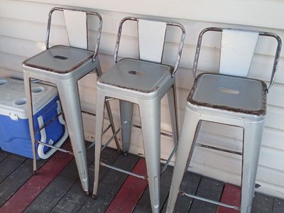 Set of 3 Silver Metal Bar Stools with Backs - Industrial Style Seating