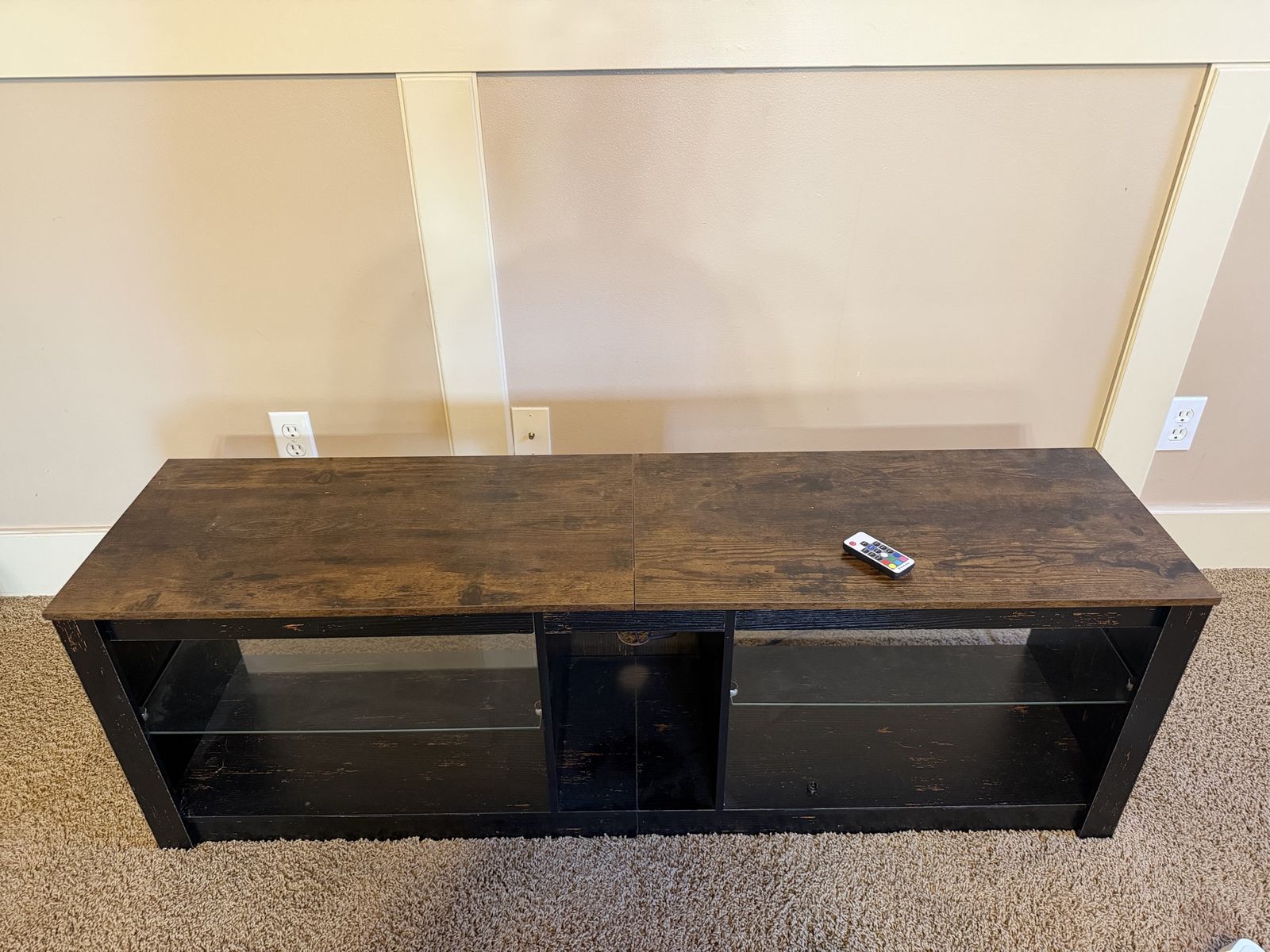 Dark Wood Media Console TV Stand with Glass Shelves & Storage