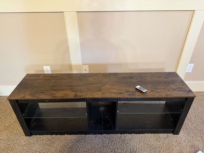 Dark Wood Media Console TV Stand with Glass Shelves & Storage