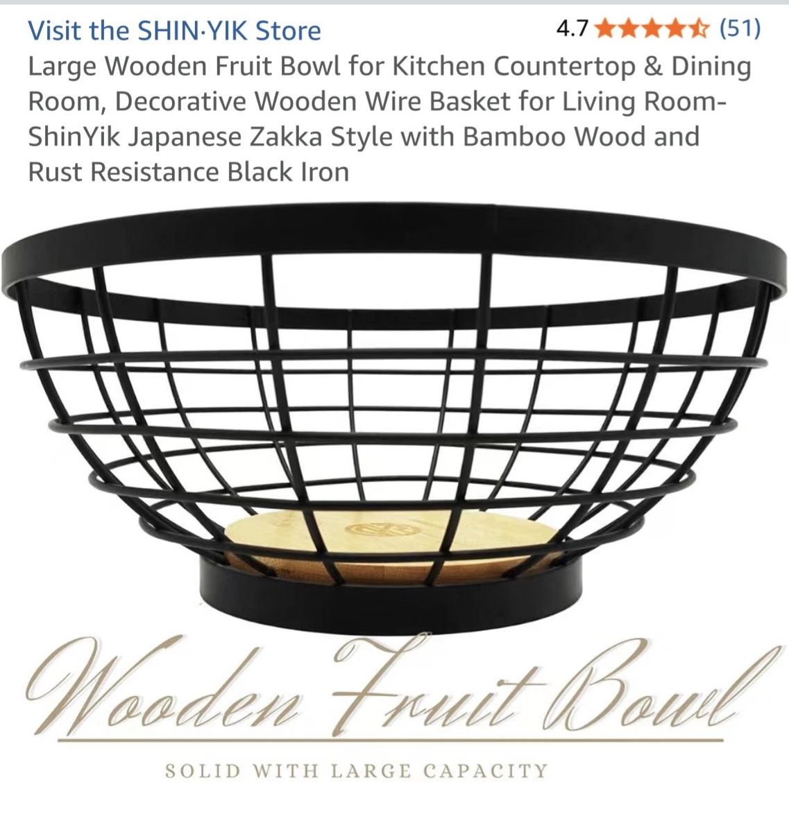 ShinYik Japanese Zakka Style Large Black Iron & Bamboo Wood Fruit Bowl