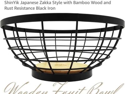 ShinYik Japanese Zakka Style Large Black Iron & Bamboo Wood Fruit Bowl