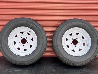 Set of 2 Free Country ST 205/75 R 14 Trailer Tires Mounted on New White Spoke Wheels Brand New Never Used