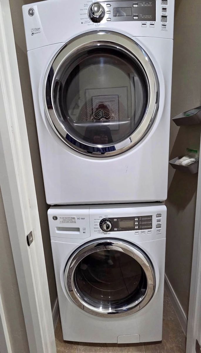 GE Front Load Washer & Dryer Set – Steam, Stackable, Clean & Works Great