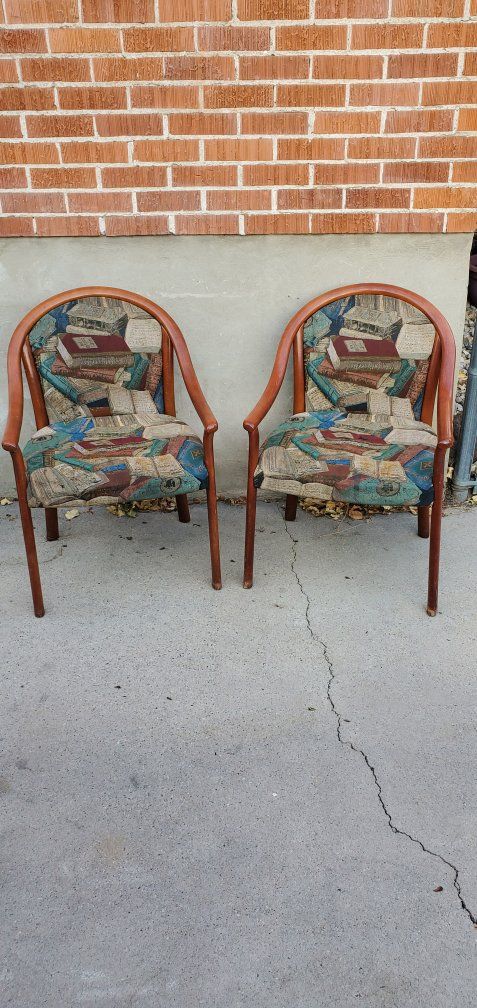 Vintage Upholstered Accent Armchairs with Book Pattern Fabric