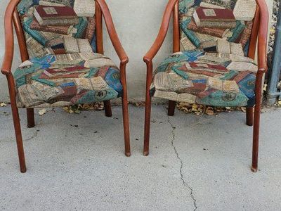 Vintage Upholstered Accent Armchairs with Book Pattern Fabric