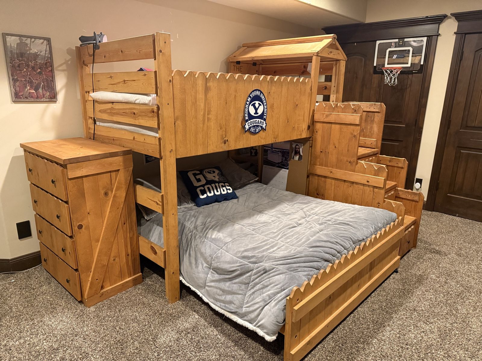 Solid Wood Bunk Bed with Attached Dresser Unit