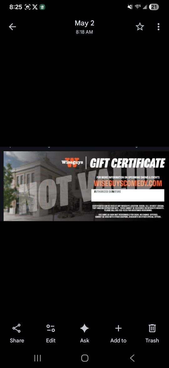 giftcard for wiseguys comedy $37 value