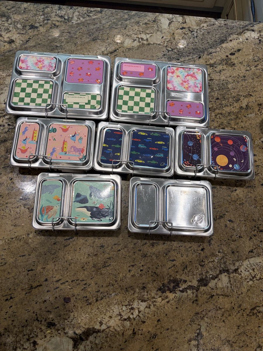 PlanetBox Stainless Steel Bento Lunch Boxes with Various Magnet Designs - Lot of 7