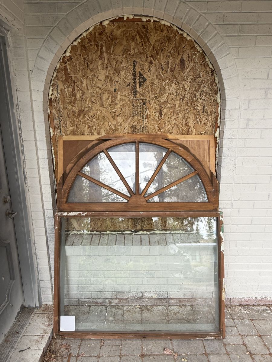 Large Wooden Window with Arched Transom - Clear Glass, Architectural Salvage