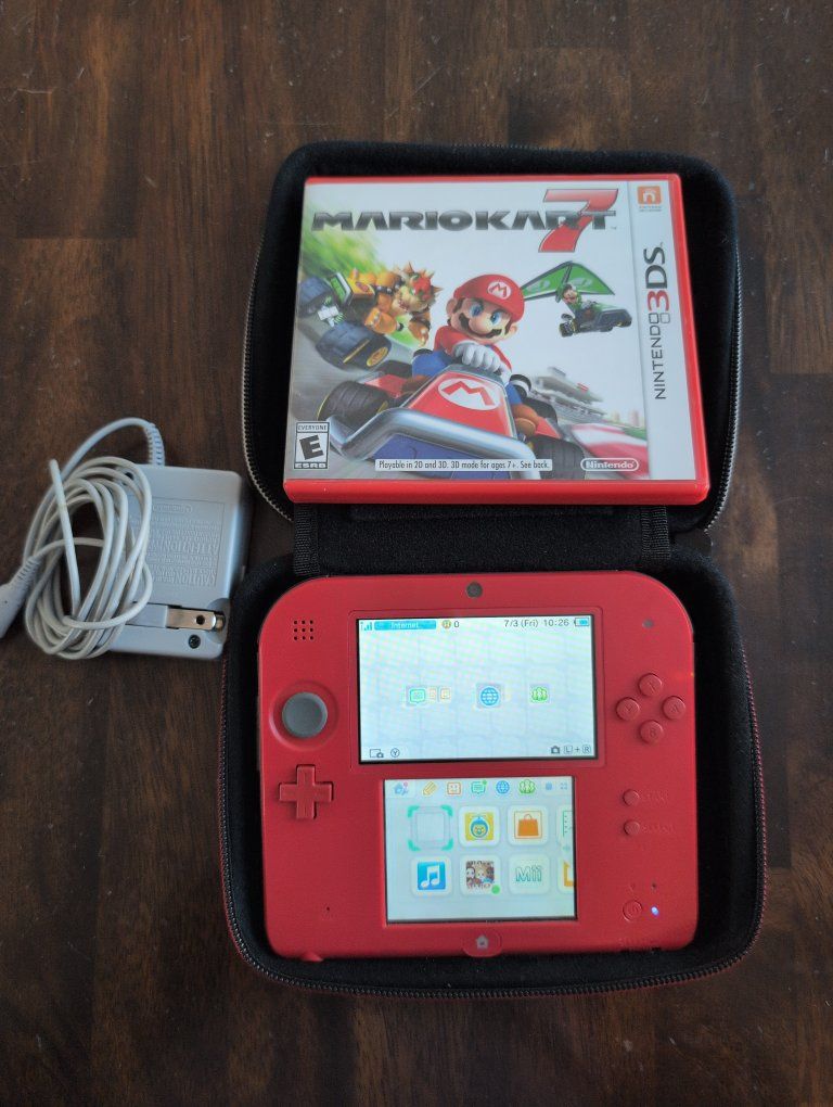 Nintendo 2DS Red Console with Charger, Case & Mario Kart 7 3DS Game