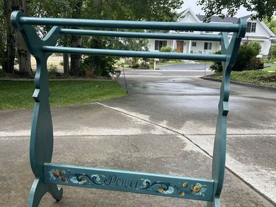 Antique quilt/blanket rack with hand painted rosemaling design.