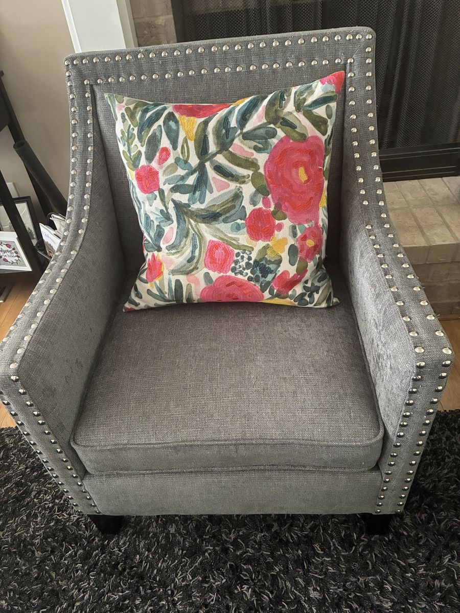 Gray Upholstered Accent Chair with Nailhead Trim