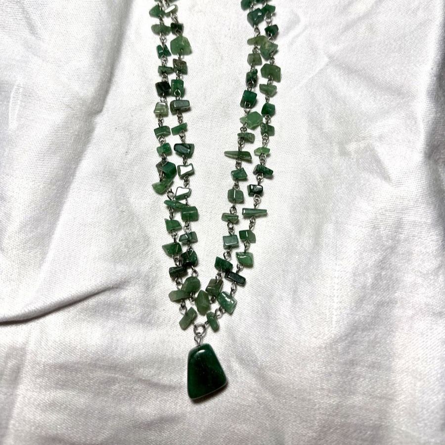 Vintage Green Aventurine Chip Necklace Double Strand w/ Polished Pendant Boho Natural Stone