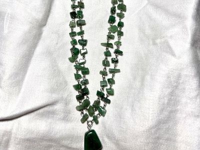 Vintage Green Aventurine Chip Necklace Double Strand w/ Polished Pendant Boho Natural Stone