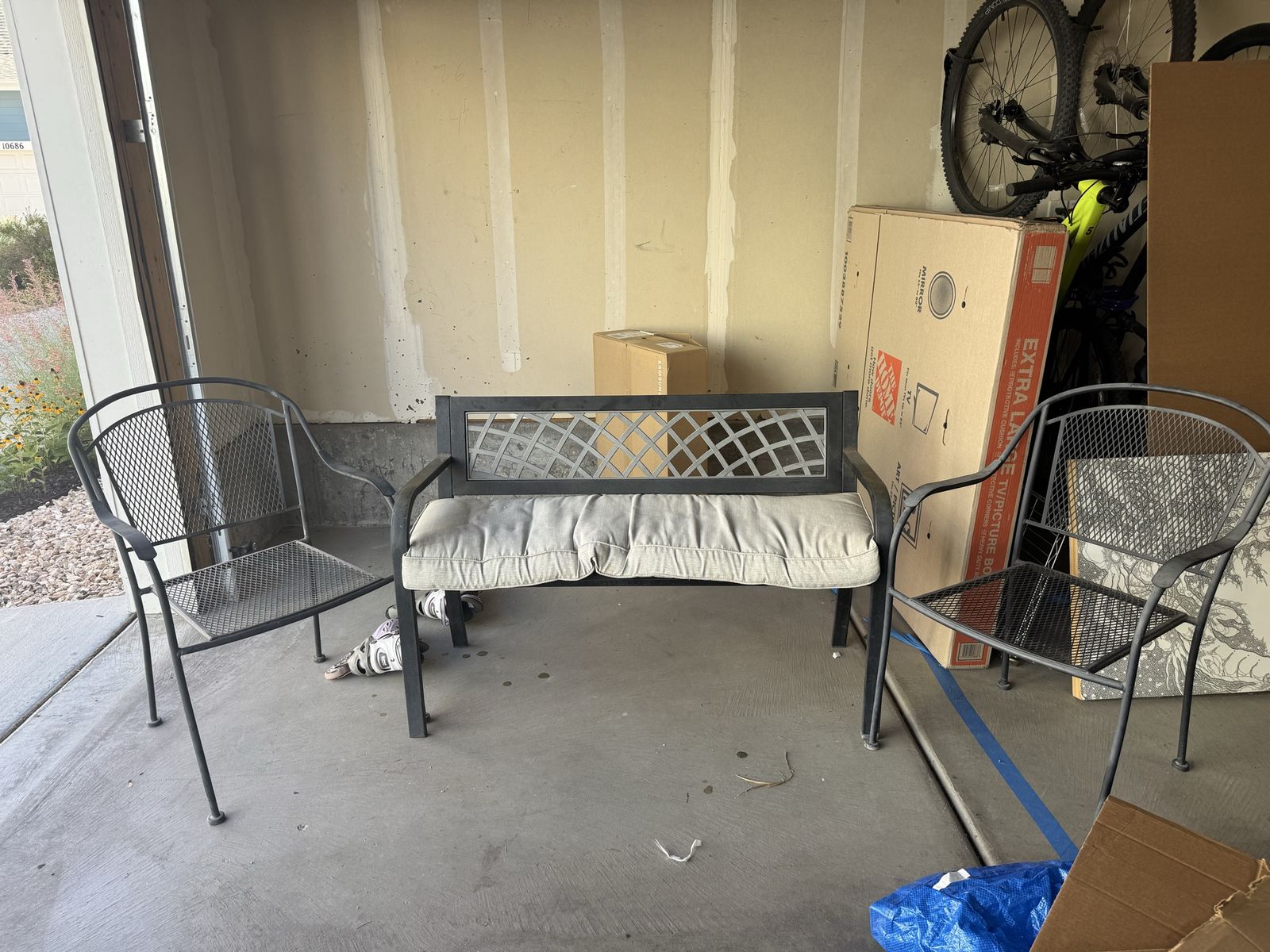 Metal Patio Conversation Set with Bench and Two Chairs
