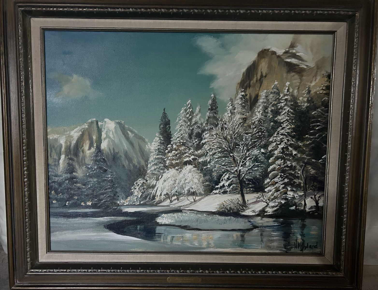 Framed Snowy Mountain & River Landscape Oil Painting Signed By H. Hyland