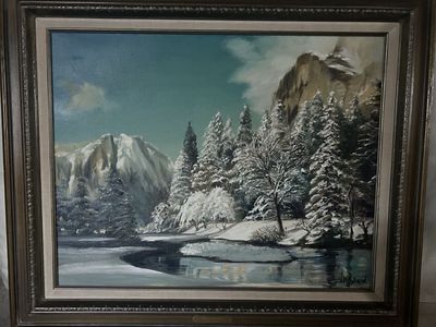 Framed Snowy Mountain & River Landscape Oil Painting Signed By H. Hyland