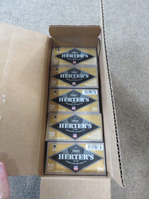 5 BOXES OF 50 ROUNDS EACH OF HERTERS (MADE BY WINCHESTER)  9MM - 115 GRAIN AMMO