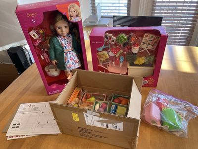 Our Generation "Way to Grow" Doll Playset & Sage Doll, Emily Rose brand wood farmer’s market stand (all are new!)