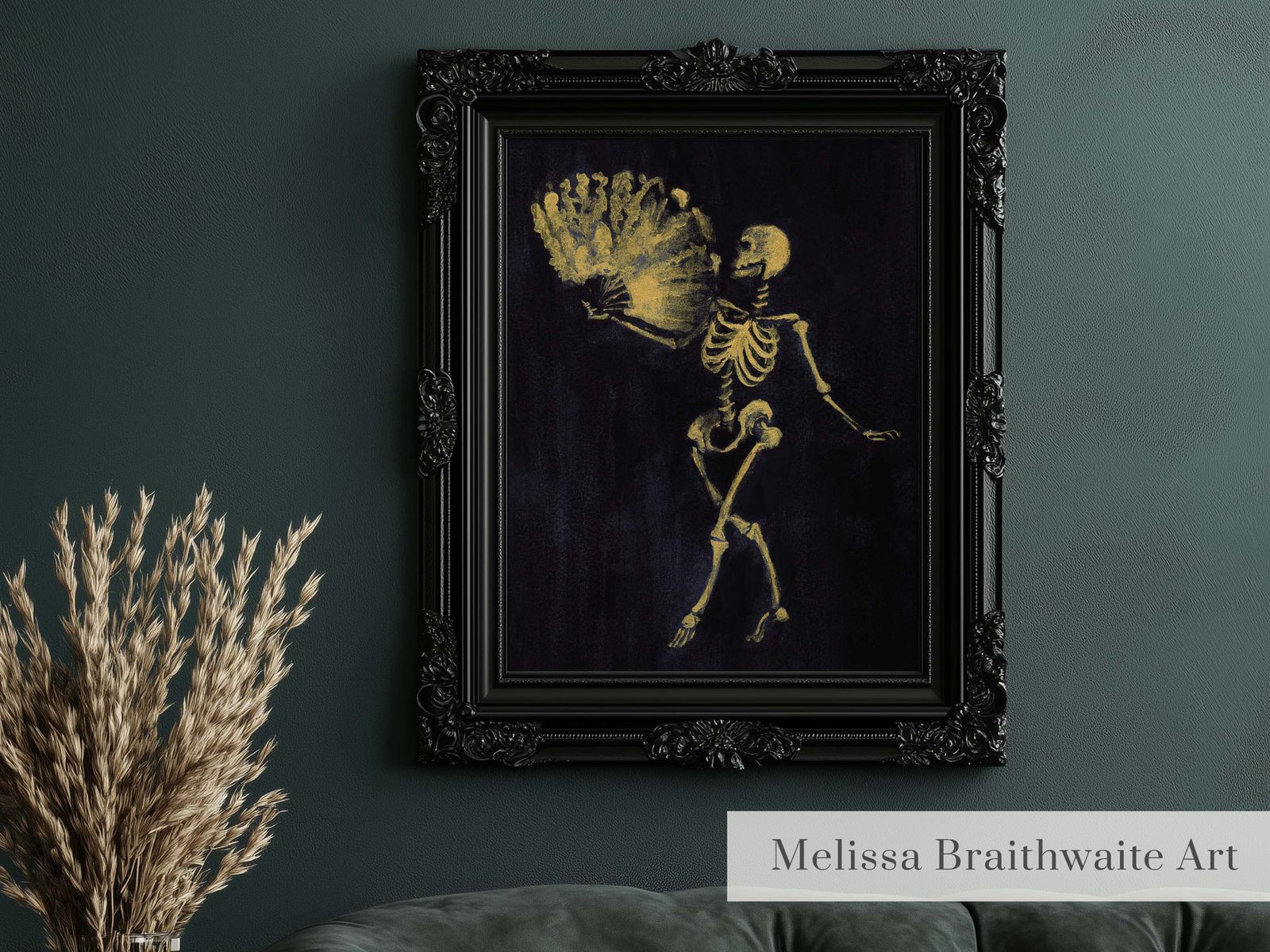 Gold Dancing Skeleton Art Print: Whimsical Halloween