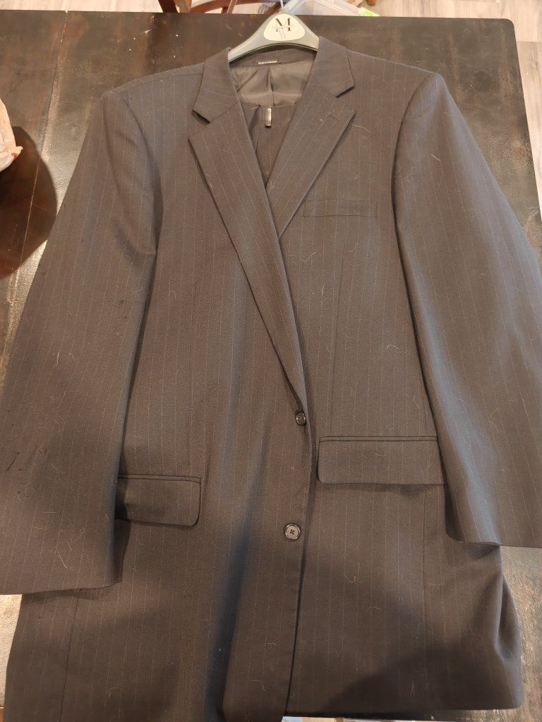 Joseph & Feiss Men's Suit - Black with Grey Pinstripes, Size 50 X-Long / 45 Waist, 52% Poly 47% Wool 1% Lycra