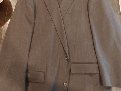 Joseph & Feiss Men's Suit - Black with Grey Pinstripes, Size 50 X-Long / 45 Waist, 52% Poly 47% Wool 1% Lycra