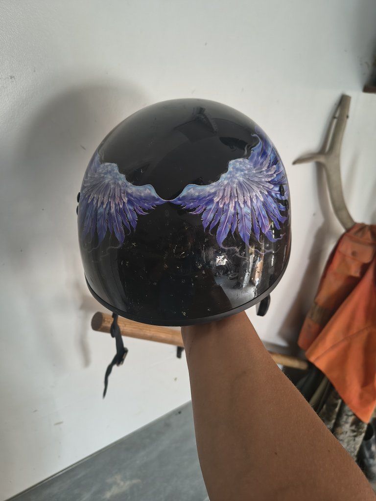 Black Motorcycle Half Helmet - Purple Feather Design - Size M