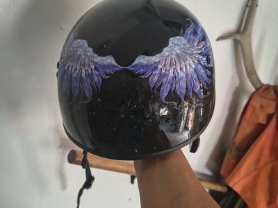 Black Motorcycle Half Helmet - Purple Feather Design - Size M
