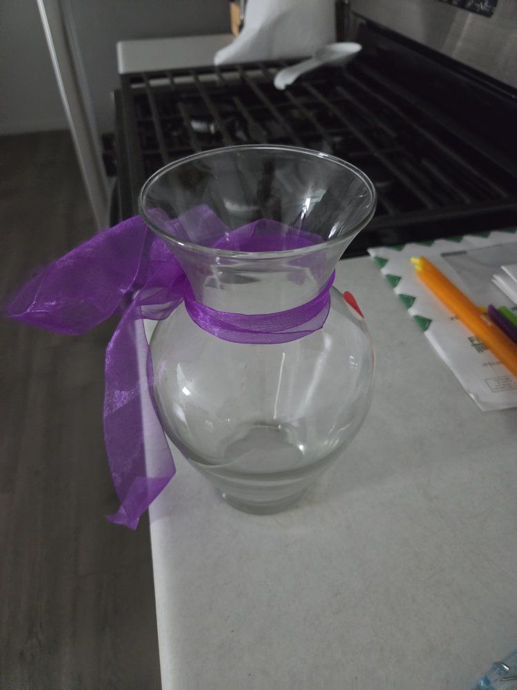 Clear Glass Flower Vase with Purple Ribbon Accent - Decorative Centerpiece